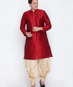 Vastramay Men's Maroon Silk Blend Sherwani Set