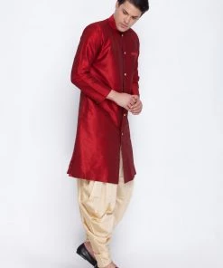 Vastramay Men's Maroon Silk Blend Sherwani Set
