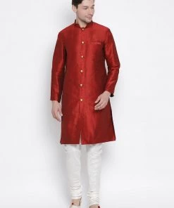 Vastramay Men's Maroon Silk Blend Kurta And Pyjama Set