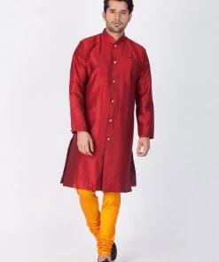 Vastramay Men's Maroon Silk Blend Sherwani Set