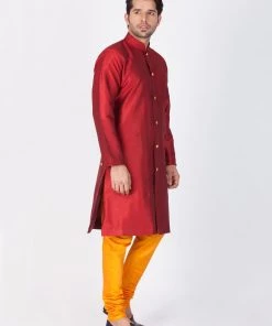 Vastramay Men's Maroon Silk Blend Sherwani Set