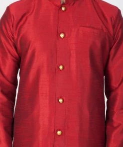 Vastramay Men's Maroon Silk Blend Sherwani Set