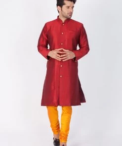 Vastramay Men's Maroon Silk Blend Sherwani Set
