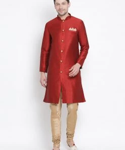 Vastramay Men's Maroon Silk Blend Kurta And Pyjama Set