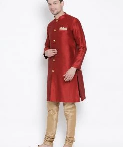Vastramay Men's Maroon Silk Blend Kurta And Pyjama Set