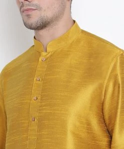 VASTRAMAY Men's Yellow Cotton Silk Blend Kurta And Pyjama Set