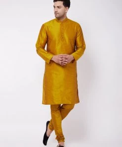 VASTRAMAY Men's Mustard Solid Silk Blend Kurta Pyjama Set