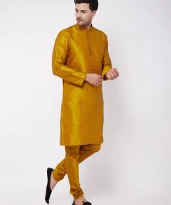 VASTRAMAY Men's Mustard Solid Silk Blend Kurta Pyjama Set