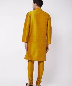 VASTRAMAY Men's Mustard Solid Silk Blend Kurta Pyjama Set