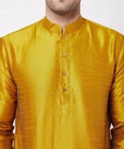 VASTRAMAY Men's Mustard Solid Silk Blend Kurta Pyjama Set