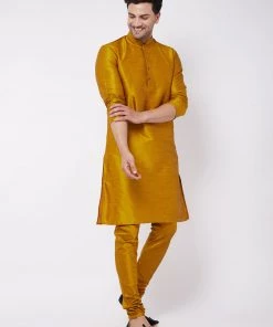 VASTRAMAY Men's Mustard Solid Silk Blend Kurta Pyjama Set