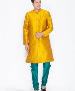 Vastramay Men's Mustard Silk Blend Sherwani Set
