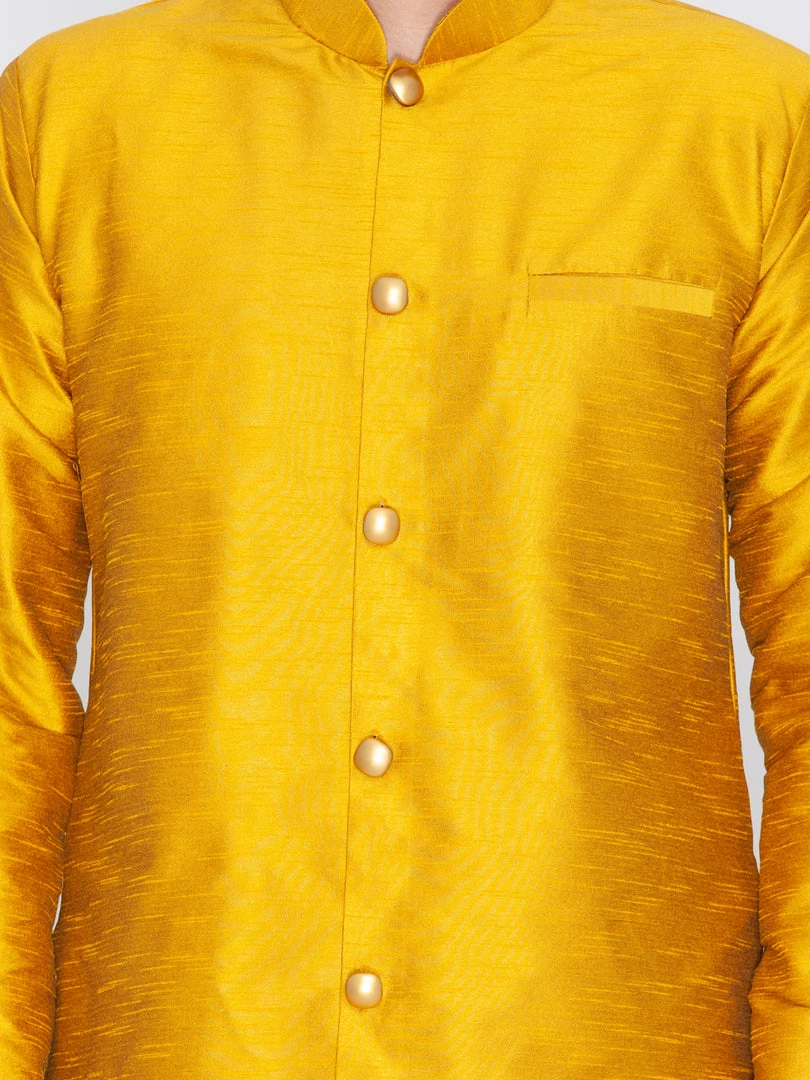 Vastramay Men's Mustard Silk Blend Sherwani Set 6 Vastramay Men's Mustard Silk Blend Sherwani Set