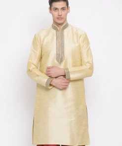 Vastramay Men's Gold Silk Blend Kurta Buy 1 Get 1