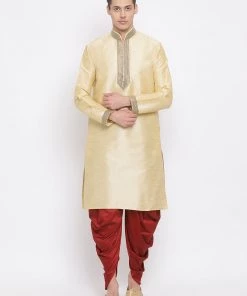 Buy 1 Get 1 Vastramay Men's Gold Silk Blend Kurta And Maroon Dhoti Set