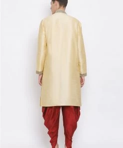 Buy 1 Get 1 Vastramay Men's Gold Silk Blend Kurta And Maroon Dhoti Set