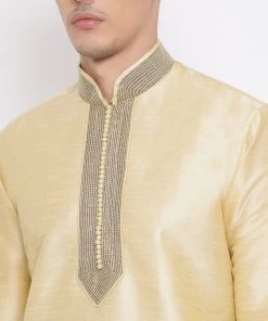 Buy 1 Get 1 Vastramay Men's Gold Silk Blend Kurta And Maroon Dhoti Set