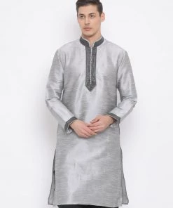 Vastramay Men's Grey Silk Blend Kurta