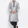 Vastramay Men's Grey Silk Blend Kurta And Black Dhoti Set