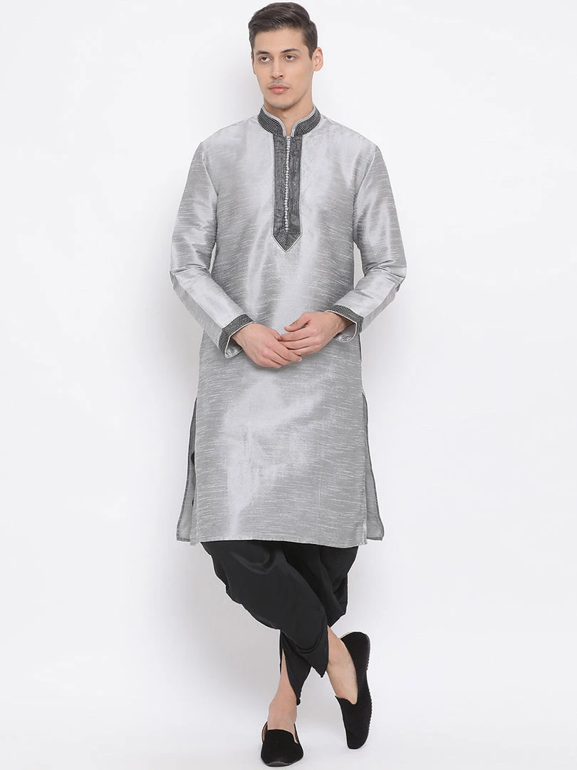 Vastramay Men's Grey Silk Blend Kurta And Black Dhoti Set 3 Vastramay Men's Grey Silk Blend Kurta And Black Dhoti Set