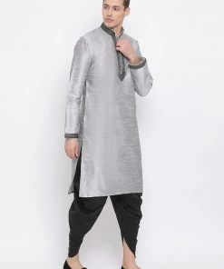 Vastramay Men's Grey Silk Blend Kurta And Black Dhoti Set