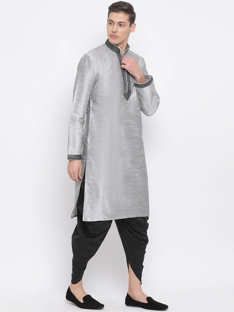Vastramay Men's Grey Silk Blend Kurta And Black Dhoti Set 4 Vastramay Men's Grey Silk Blend Kurta And Black Dhoti Set