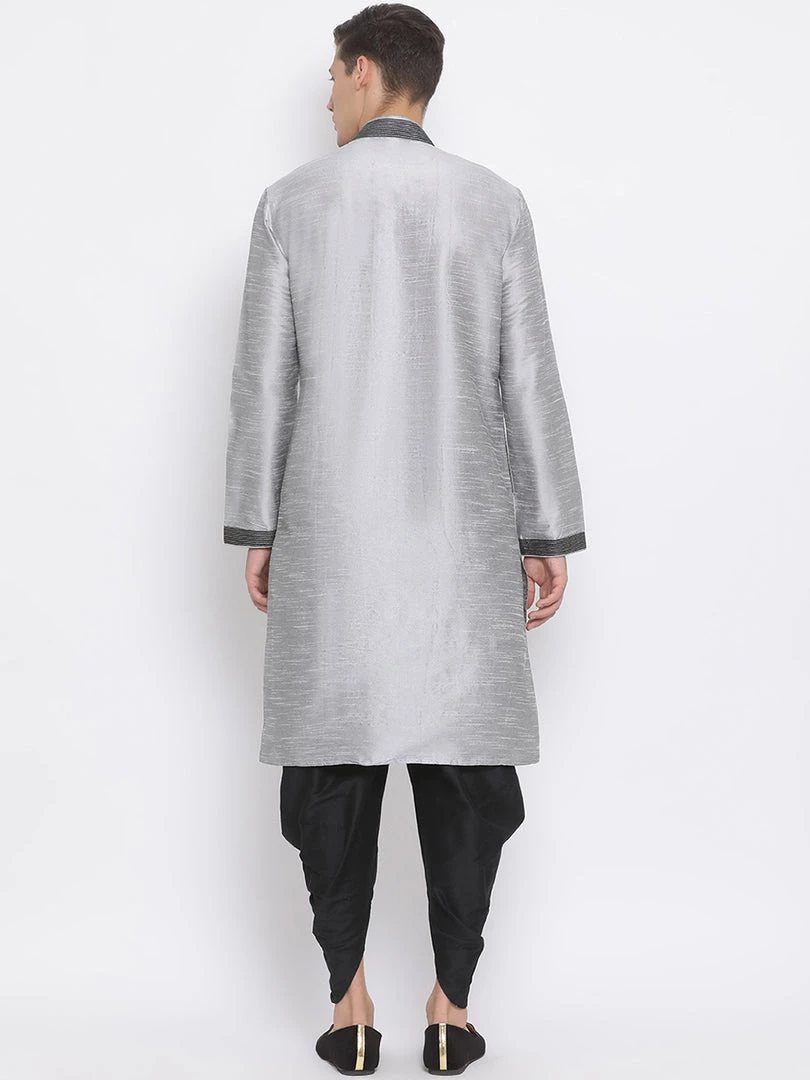 Vastramay Men's Grey Silk Blend Kurta And Black Dhoti Set 5 Vastramay Men's Grey Silk Blend Kurta And Black Dhoti Set