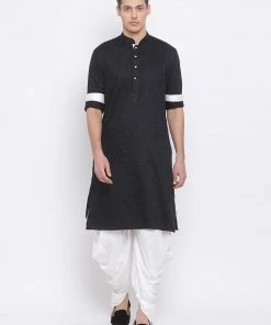 Vastramay Men's Black Cotton Satin Blend Kurta And Dhoti Set