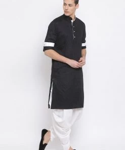 Vastramay Men's Black Cotton Satin Blend Kurta And Dhoti Set