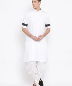 Vastramay Men's White Cotton Satin Blend Kurta And Dhoti Set