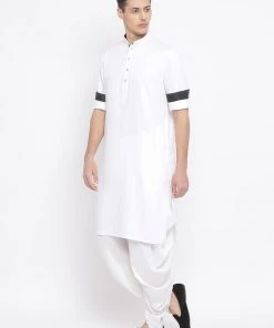 Vastramay Men's White Cotton Satin Blend Kurta And Dhoti Set
