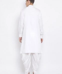Vastramay Men's White Cotton Satin Blend Kurta And Dhoti Set