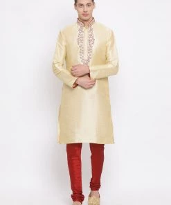 VASTRAMAY Men's Gold Silk Blend Kurta And Maroon Pyjama Set