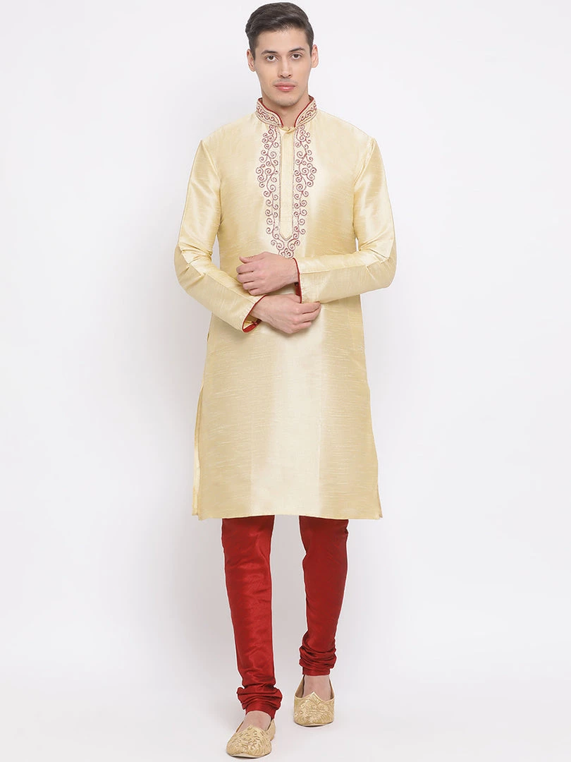 VASTRAMAY Men's Gold Silk Blend Kurta And Maroon Pyjama Set 3 VASTRAMAY Men's Gold Silk Blend Kurta And Maroon Pyjama Set