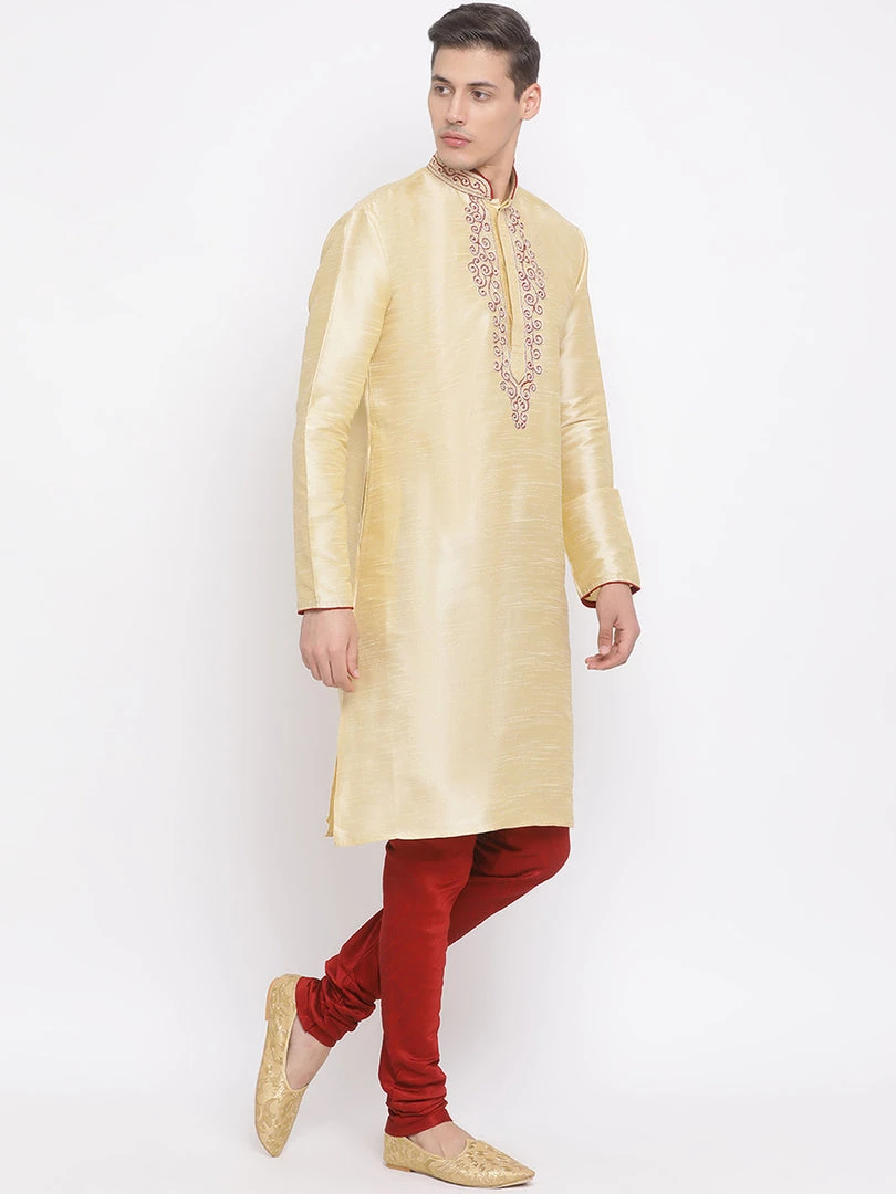 VASTRAMAY Men's Gold Silk Blend Kurta And Maroon Pyjama Set 4 VASTRAMAY Men's Gold Silk Blend Kurta And Maroon Pyjama Set