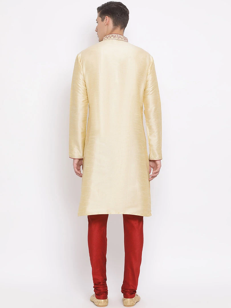 VASTRAMAY Men's Gold Silk Blend Kurta And Maroon Pyjama Set 5 VASTRAMAY Men's Gold Silk Blend Kurta And Maroon Pyjama Set