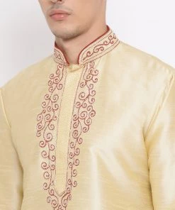 VASTRAMAY Men's Gold Silk Blend Kurta And Maroon Pyjama Set 11 VASTRAMAY Men's Gold Silk Blend Kurta And Maroon Pyjama Set