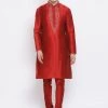 VASTRAMAY Men's Maroon Silk Blend Kurta And Maroon Pyjama Set Kurta Sets