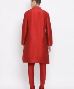 VASTRAMAY Men's Maroon Silk Blend Kurta And Maroon Pyjama Set Kurta Sets