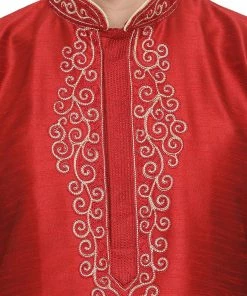 VASTRAMAY Men's Maroon Silk Blend Kurta And Maroon Pyjama Set Kurta Sets