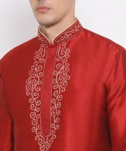 VASTRAMAY Men's Maroon Silk Blend Kurta And Maroon Pyjama Set Kurta Sets