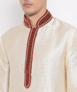 Vastramay Men's Gold Cotton Silk Blend Kurta