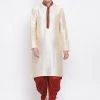 VASTRAMAY Men's Gold Silk Blend Kurta And Maroon Dhoti Set