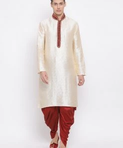 VASTRAMAY Men's Gold Silk Blend Kurta And Maroon Dhoti Set