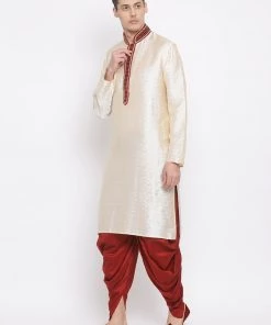 VASTRAMAY Men's Gold Silk Blend Kurta And Maroon Dhoti Set