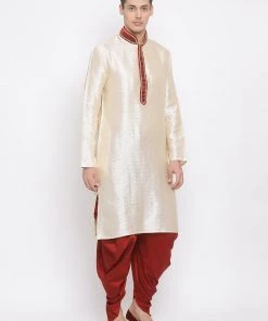VASTRAMAY Men's Gold Silk Blend Kurta And Maroon Dhoti Set