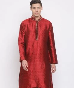 Vastramay Men's Maroon Cotton Silk Blend Kurta
