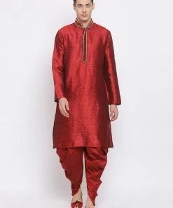 Dhoti Kurta Sets VASTRAMAY Men's Maroon Silk Blend Kurta And Maroon Dhoti Set