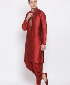 Dhoti Kurta Sets VASTRAMAY Men's Maroon Silk Blend Kurta And Maroon Dhoti Set