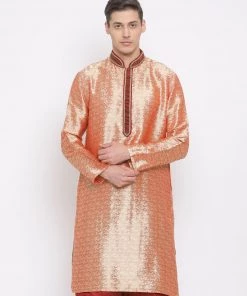 Vastramay Men's Pink Cotton Silk Blend Kurta